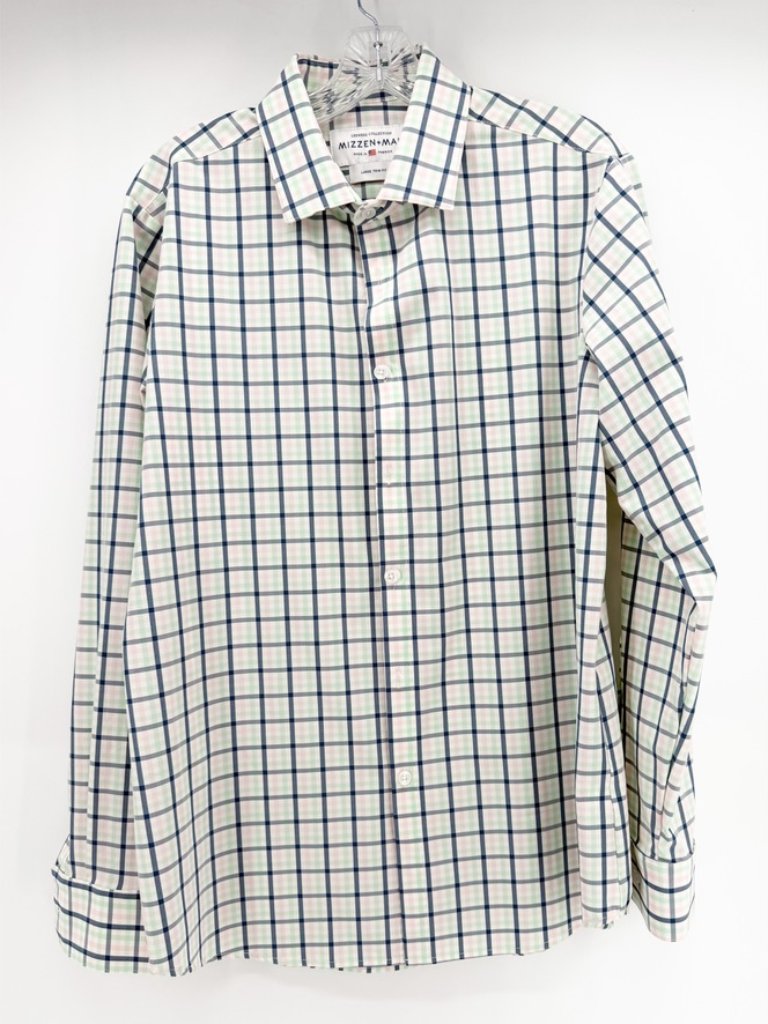 Mizzen + Main Shirt Men's Large Trim Fit Plaid Mint Blue Pink Button Up